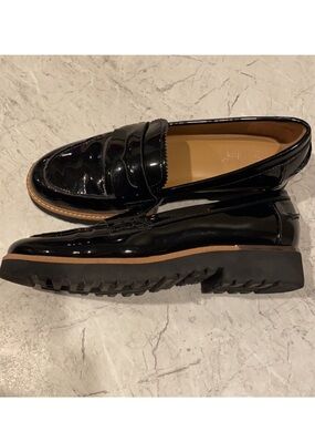 Franco Sarto Black Patent Leather Penny Loafers with Tan Welt